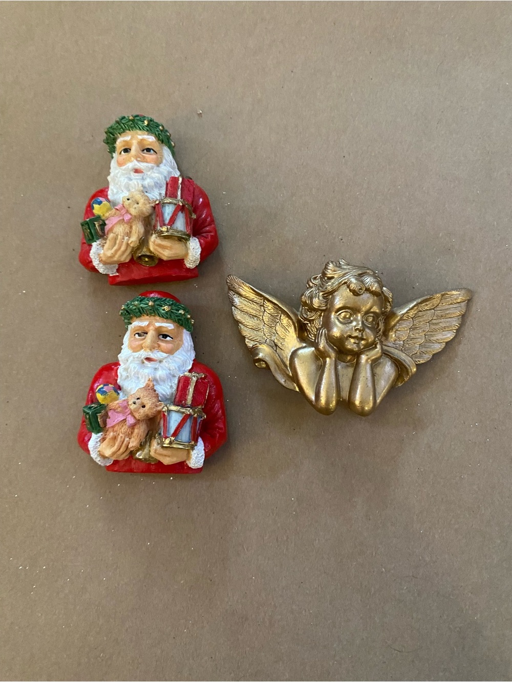 Holiday Santa and Angel Decorative Fridge Magnets Christmas set of 3 , 3D Gold
